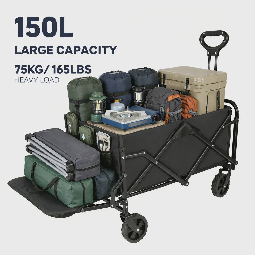Uitklapbare Kampeerwagen Trolley - 150L, 75kg, 360° Wielen, Verstelbare Handgreep - Ideaal voor Strand, Tuin & Boodschappen