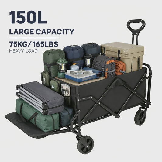 Uitklapbare Kampeerwagen Trolley - 150L, 75kg, 360° Wielen, Verstelbare Handgreep - Ideaal voor Strand, Tuin & Boodschappen