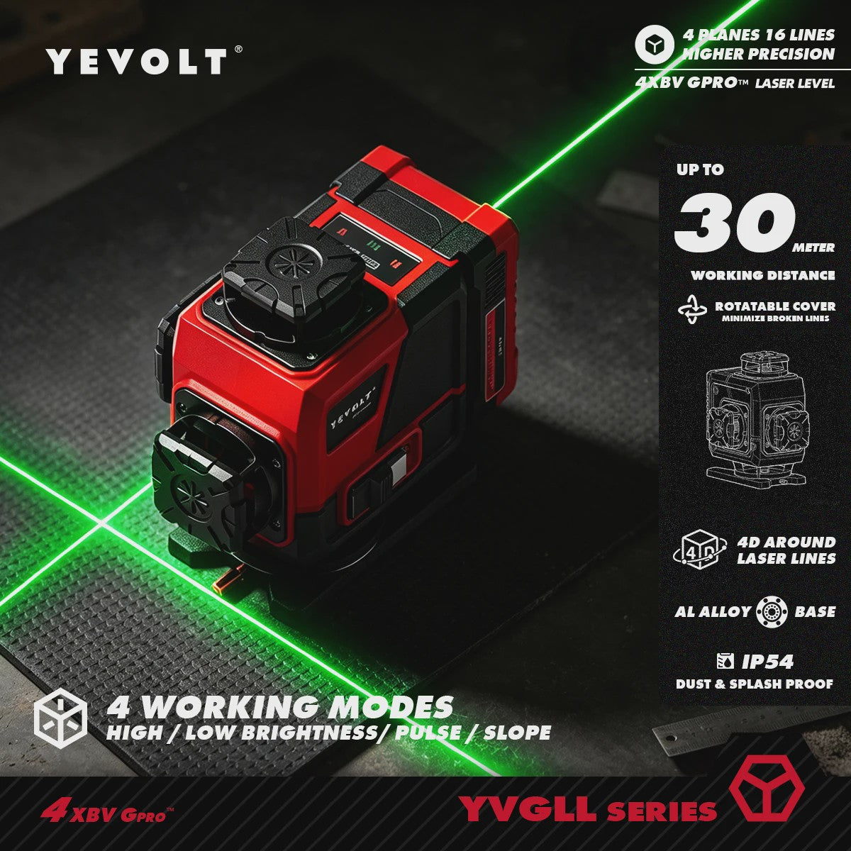 YEVOLT 4x360° 16-lijns Groene Zelfnivellerende Laserwaterpas voor Doe-het-zelf en Klussen