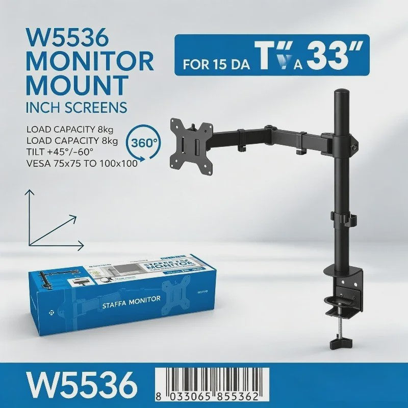 WETECH W5536 Monitor Arm: Verstelbare Desk Mount voor 15-33 Inch Schermen, 8kg Belasting, VESA 75/100, 360° Rotatie