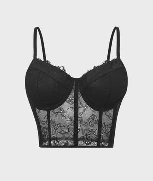 Zwarte Mesh Bustier Crop Top met Push-Up Effect - Elegante Lingerie voor Feestjes