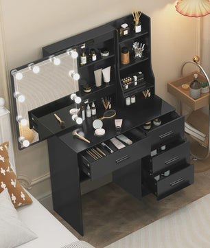 Kaptafel met LED Verlichting, Schuifspiegel en 4 Lades - Make-up Tafel