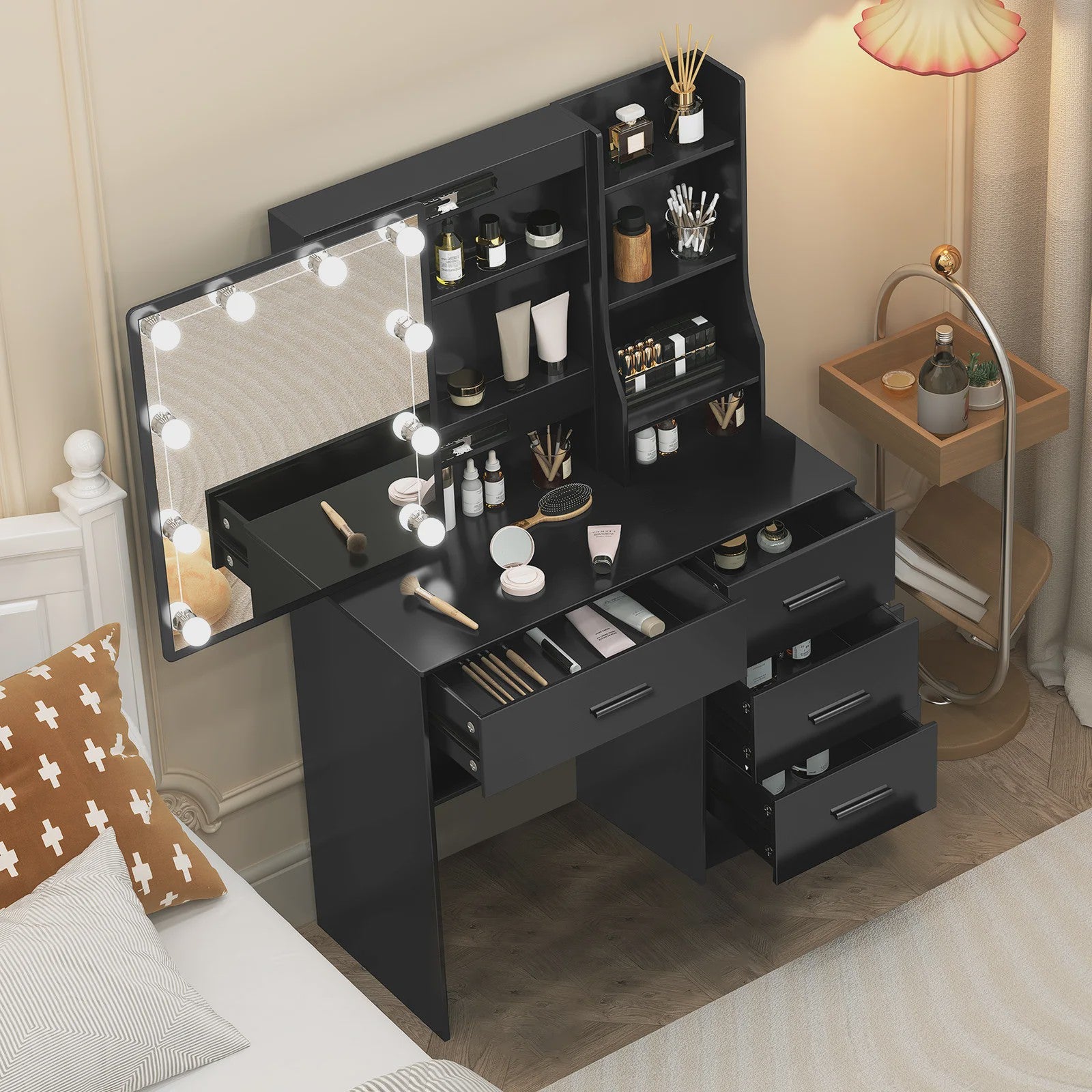 Kaptafel met LED Verlichting, Schuifspiegel en 4 Lades - Make-up Tafel