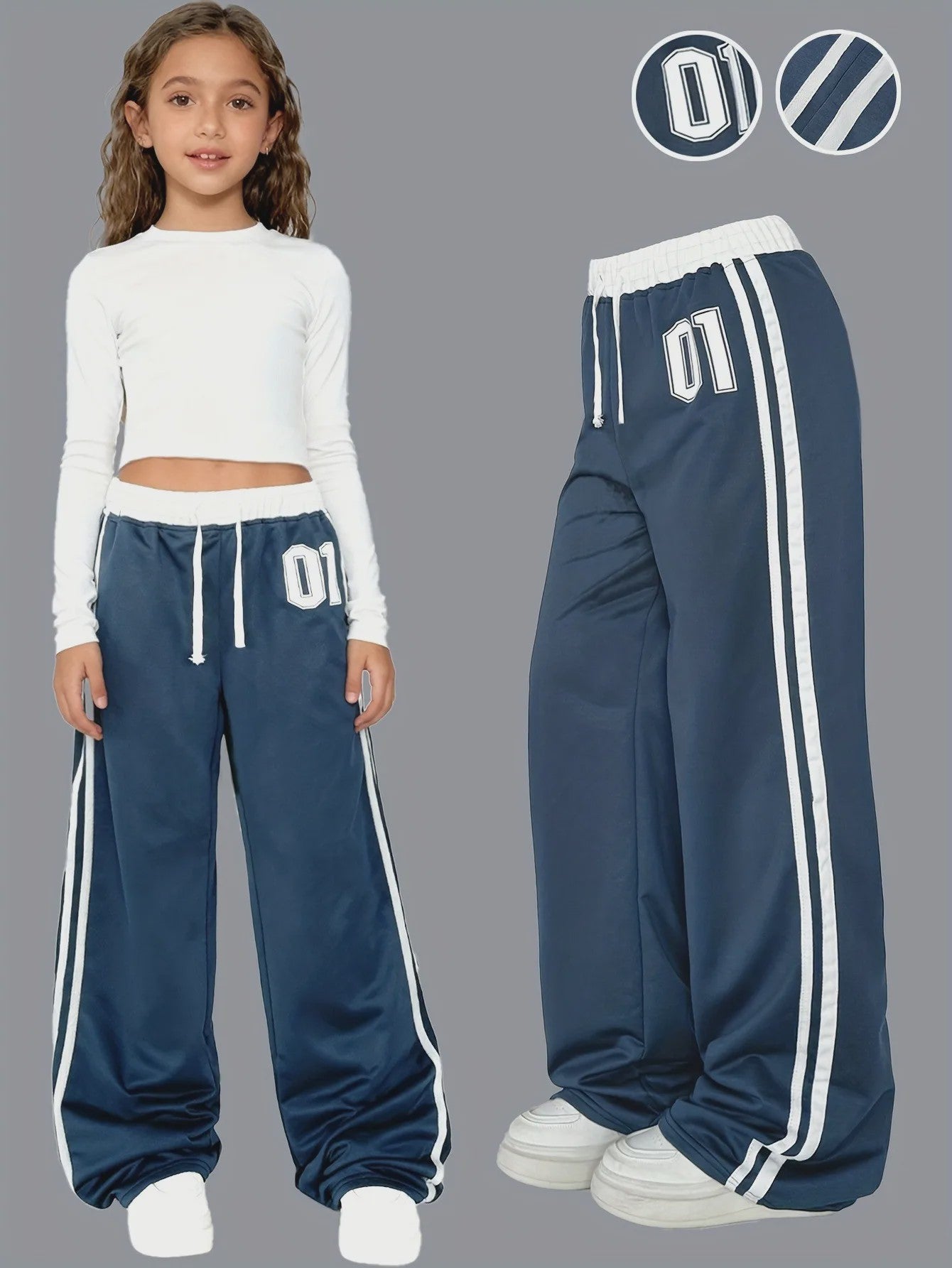Meisjes Sportbroek met Wijde Pijpen, Trekkoord en '01' Print - Trendy Casual