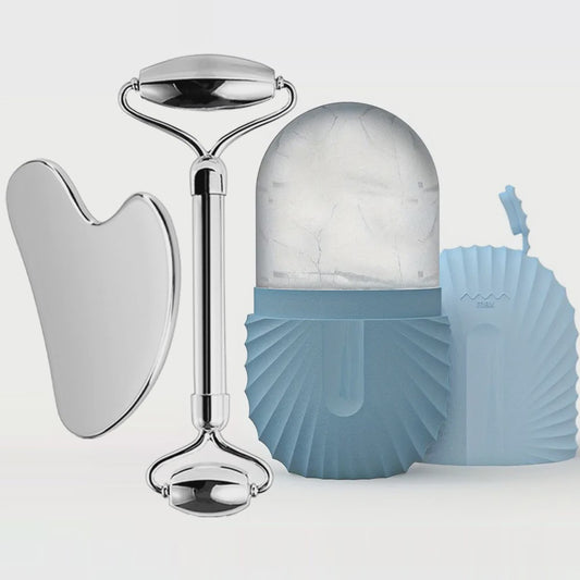 Gezichtsroller & Gua Sha Set: Luxe Roestvrij Staal & IJsroller voor Huidverzorging
