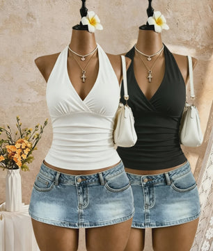 2-Pack Dames Crop Top met Halternek, Diepe V-hals en Ruches - Zomer Y2K Stijl