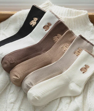 Zachte Katoenen Sokken met Berenprint - 5 Paar Kawaii Sokken voor Dames - Casual Herfst/Winter Stijl
