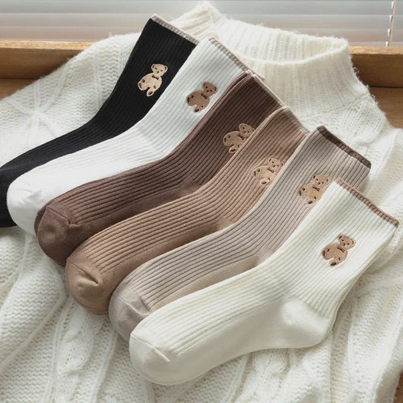 Zachte Katoenen Sokken met Berenprint - 5 Paar Kawaii Sokken voor Dames - Casual Herfst/Winter Stijl