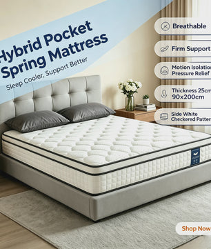7-Zone Pocketvering Matras 90x200cm & 140x200cm - 25cm Dik, H3 Hardheid, Randversterking voor Optimaal Slaapcomfort