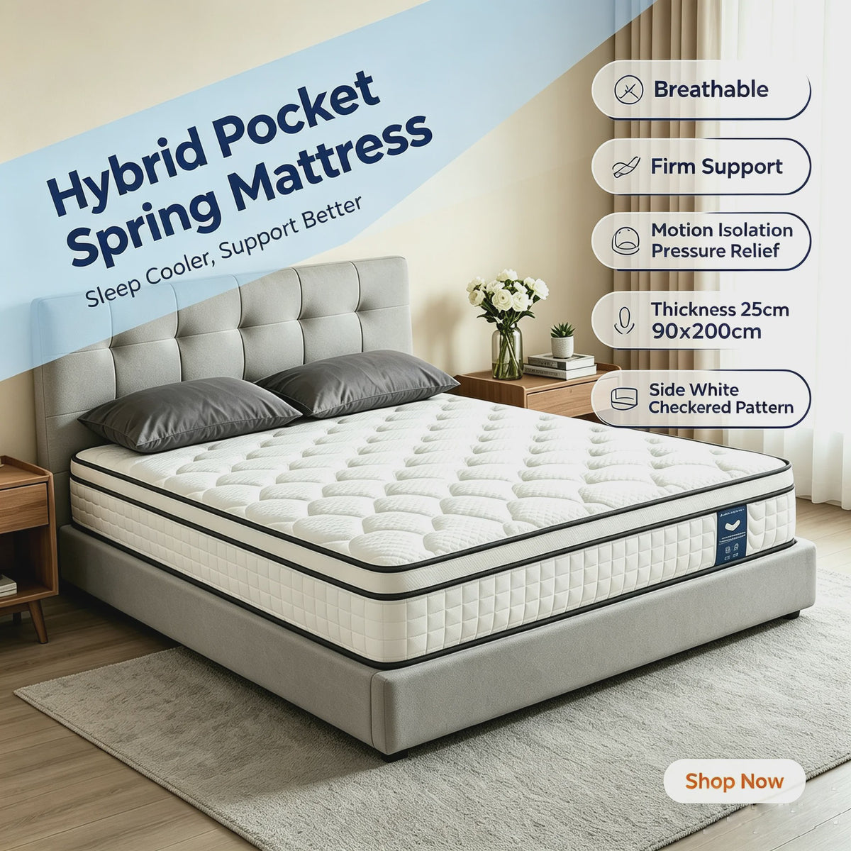 7-Zone Pocketvering Matras 90x200cm & 140x200cm - 25cm Dik, H3 Hardheid, Randversterking voor Optimaal Slaapcomfort