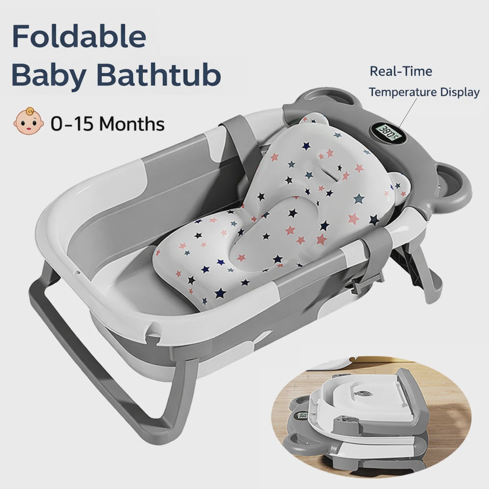 Opvouwbaar Babybadje met Thermometer & Antislip Kussen - Draagbaar voor Pasgeborenen