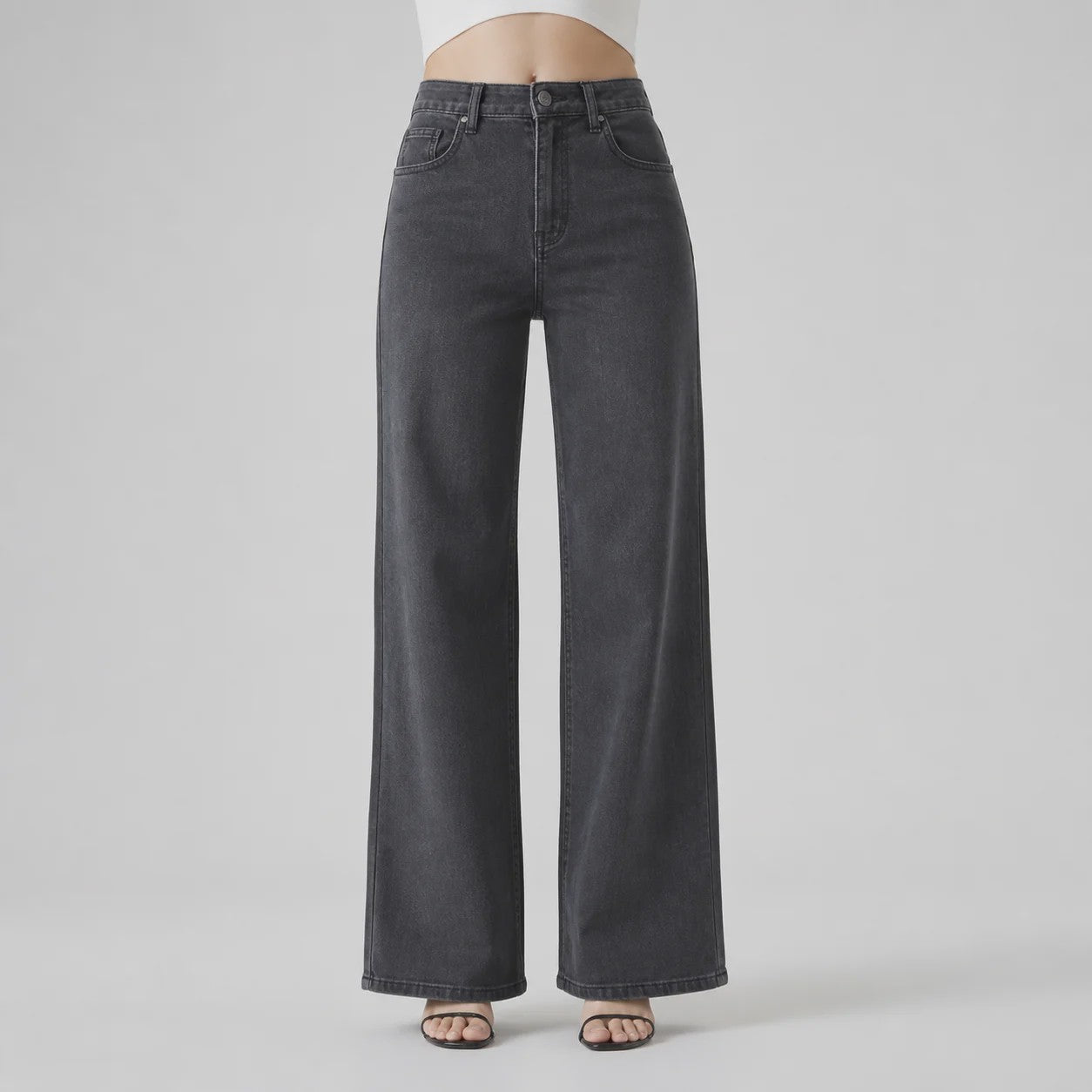 High Waist Wide Leg Jeans Dames - Zwart Ombre Vintage Wash