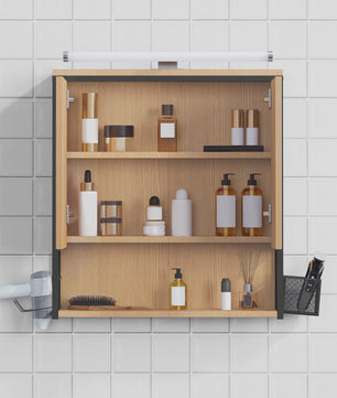 Badkamer Wandkast met Spiegel en LED Verlichting - Opbergkast met Haardrogerhouder & Verstelbare Plank