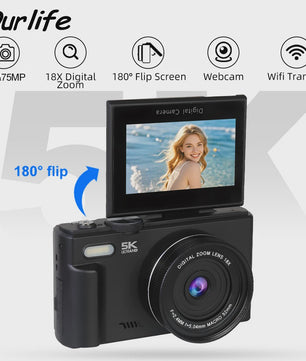 Ourlife Compacte 5K Digitale Camera: 75MP, 18x Zoom, Flip Screen, WiFi & Vlog Functies