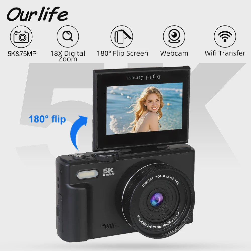Ourlife Compacte 5K Digitale Camera: 75MP, 18x Zoom, Flip Screen, WiFi & Vlog Functies