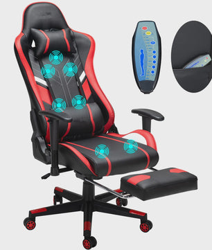 Ergonomische Massage Gaming Stoel met Voetensteun en Lendensteun - Verstelbaar