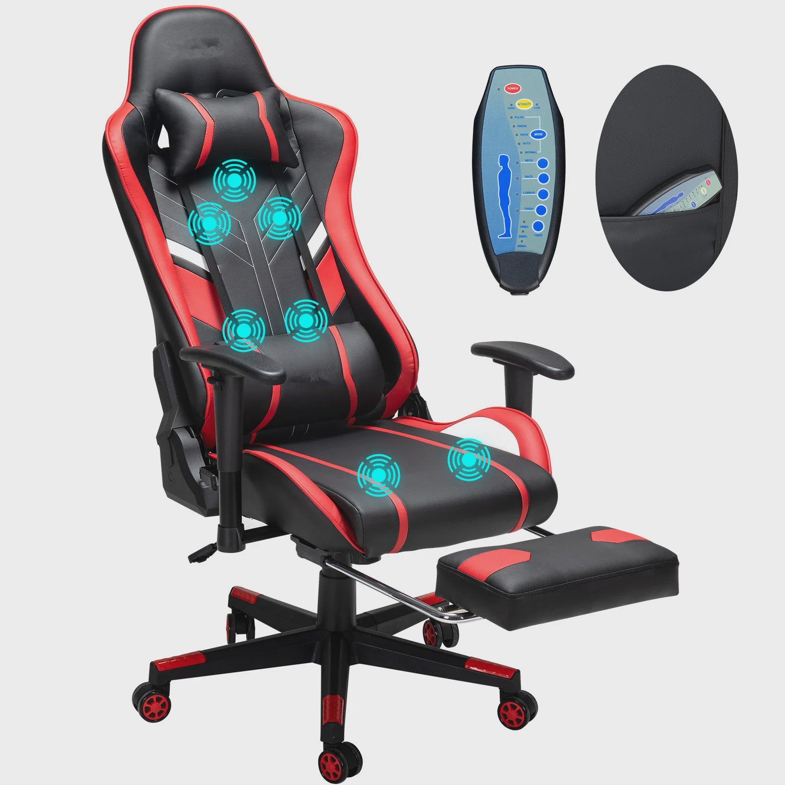 Ergonomische Massage Gaming Stoel met Voetensteun en Lendensteun - Verstelbaar