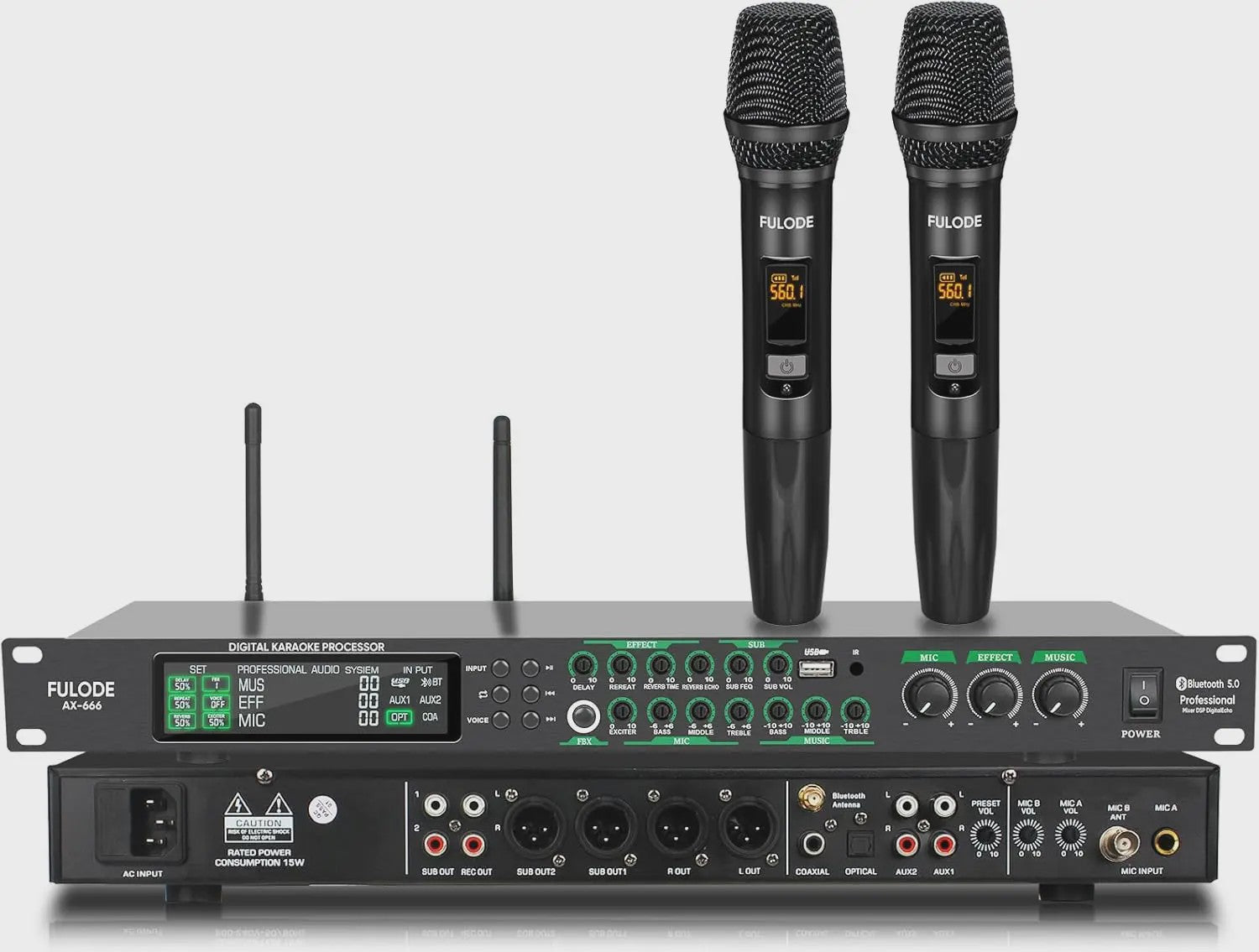 FULODE AX-666 Dubbel Draadloos Microfoon Systeem met Digitale Karaoke Processor