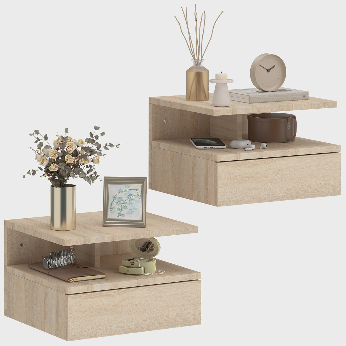 Set van 2 Zwevende Nachtkastjes met Lade - Wandmontage, Modern Design, Eikenlook
