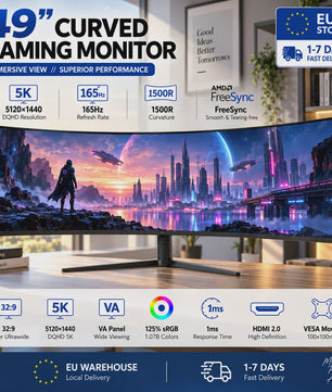 Crua 49" Curved Gaming Monitor 1500R Ultra Wide 5K 165Hz DQHD 5120x1440 VA Panel Freesync