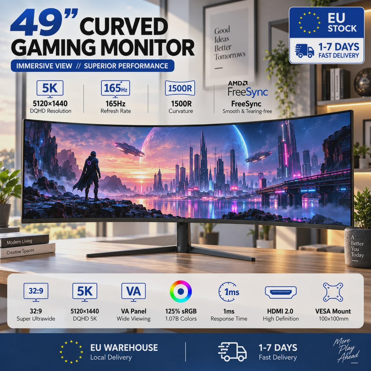 Crua 49" Curved Gaming Monitor 1500R Ultra Wide 5K 165Hz DQHD 5120x1440 VA Panel Freesync