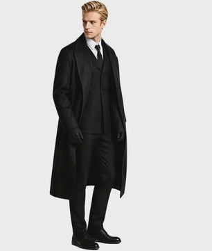 Compleet Heren Zwart Kostuum: Lange Trenchcoat, Vest, Shirt, Stropdas & Handschoenen