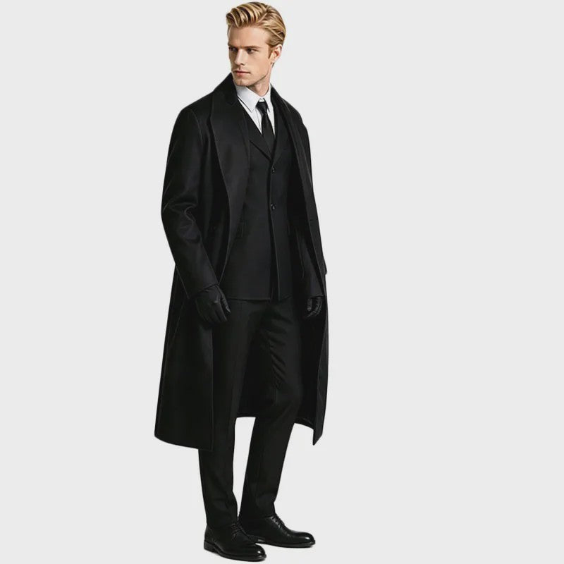 Compleet Heren Zwart Kostuum: Lange Trenchcoat, Vest, Shirt, Stropdas & Handschoenen