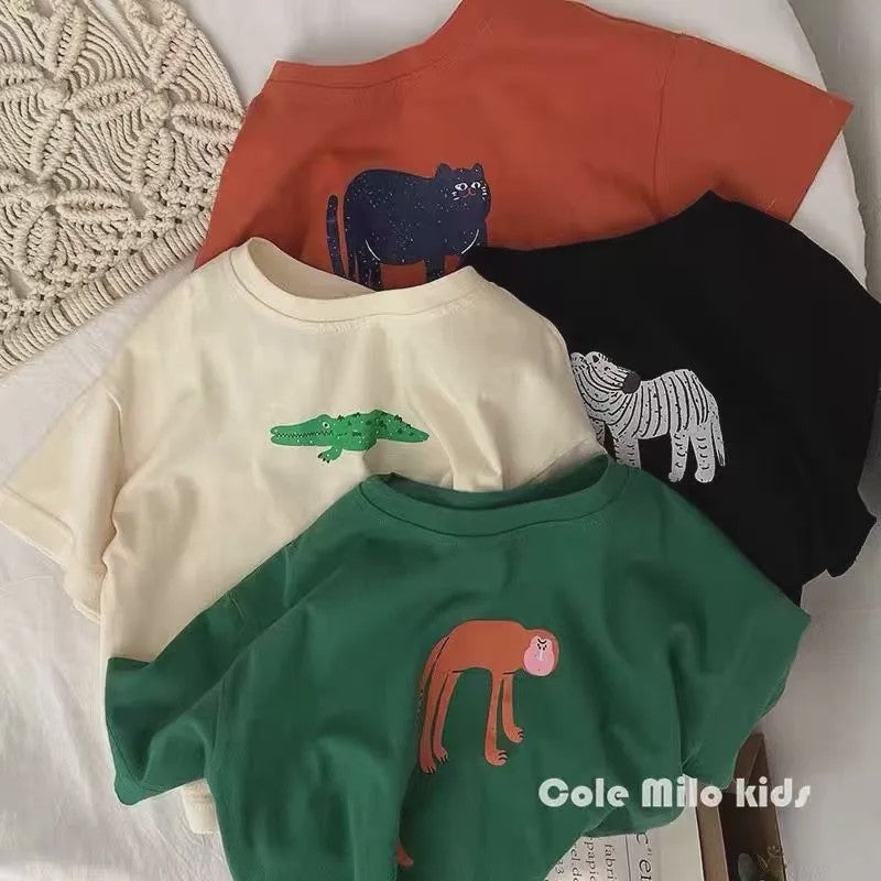 Trendy Kinder T-shirt met Dierenprint - Korte Mouw Zomer Kleding