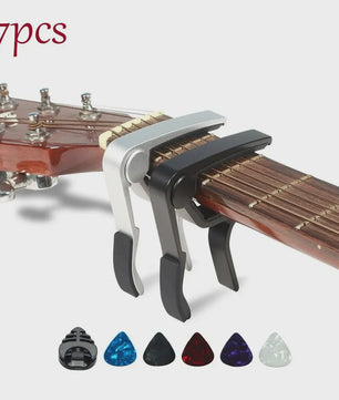 7-delige Gitaar Capo Set met 5 Picks en Houder - Zwart & Zilver