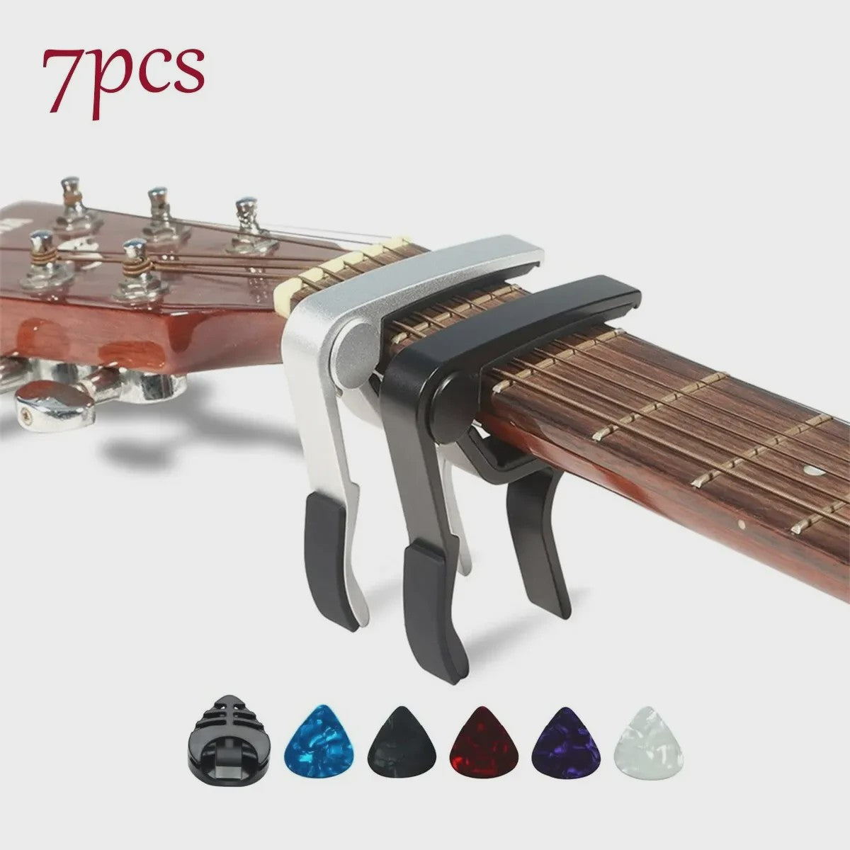 7-delige Gitaar Capo Set met 5 Picks en Houder - Zwart & Zilver