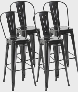 Homcom Set of 4 Metal Bar Stools High Stool Industrial Bar Chair with Backrest Seat Height 76.5 cm Black Metal