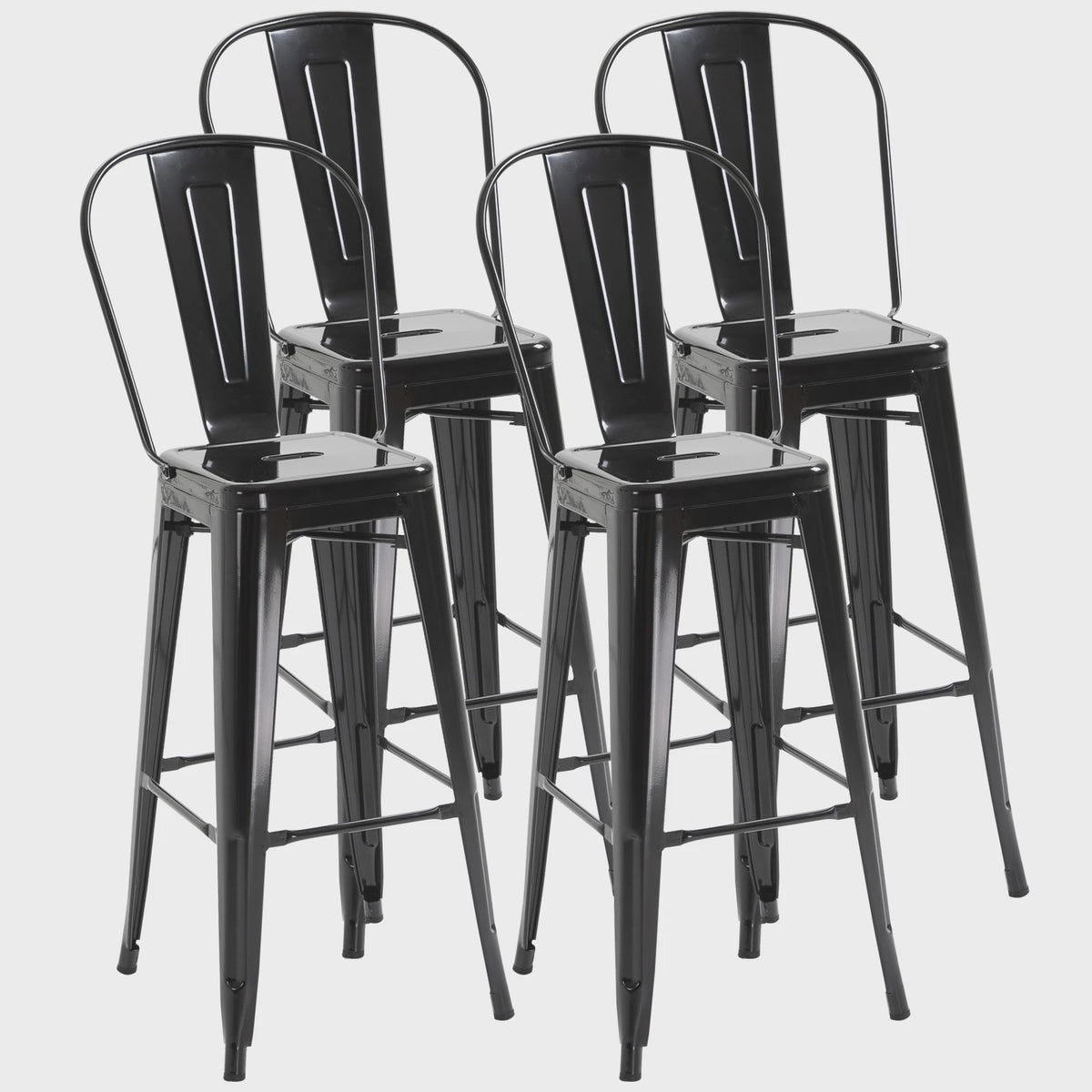 Homcom Set of 4 Metal Bar Stools High Stool Industrial Bar Chair with Backrest Seat Height 76.5 cm Black Metal