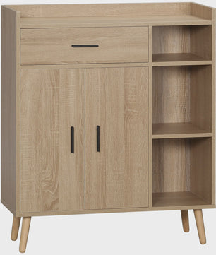 Modern Woonkamer Sideboard met 2 Deuren, 1 Lade en 3 Open Vakken - Natuurlijk Eikenhout - 80x30x96.5 cm