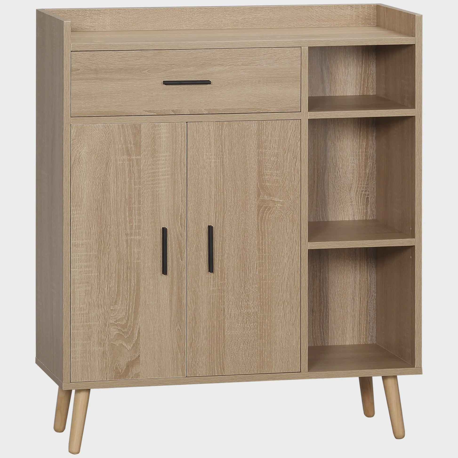 Modern Woonkamer Sideboard met 2 Deuren, 1 Lade en 3 Open Vakken - Natuurlijk Eikenhout - 80x30x96.5 cm