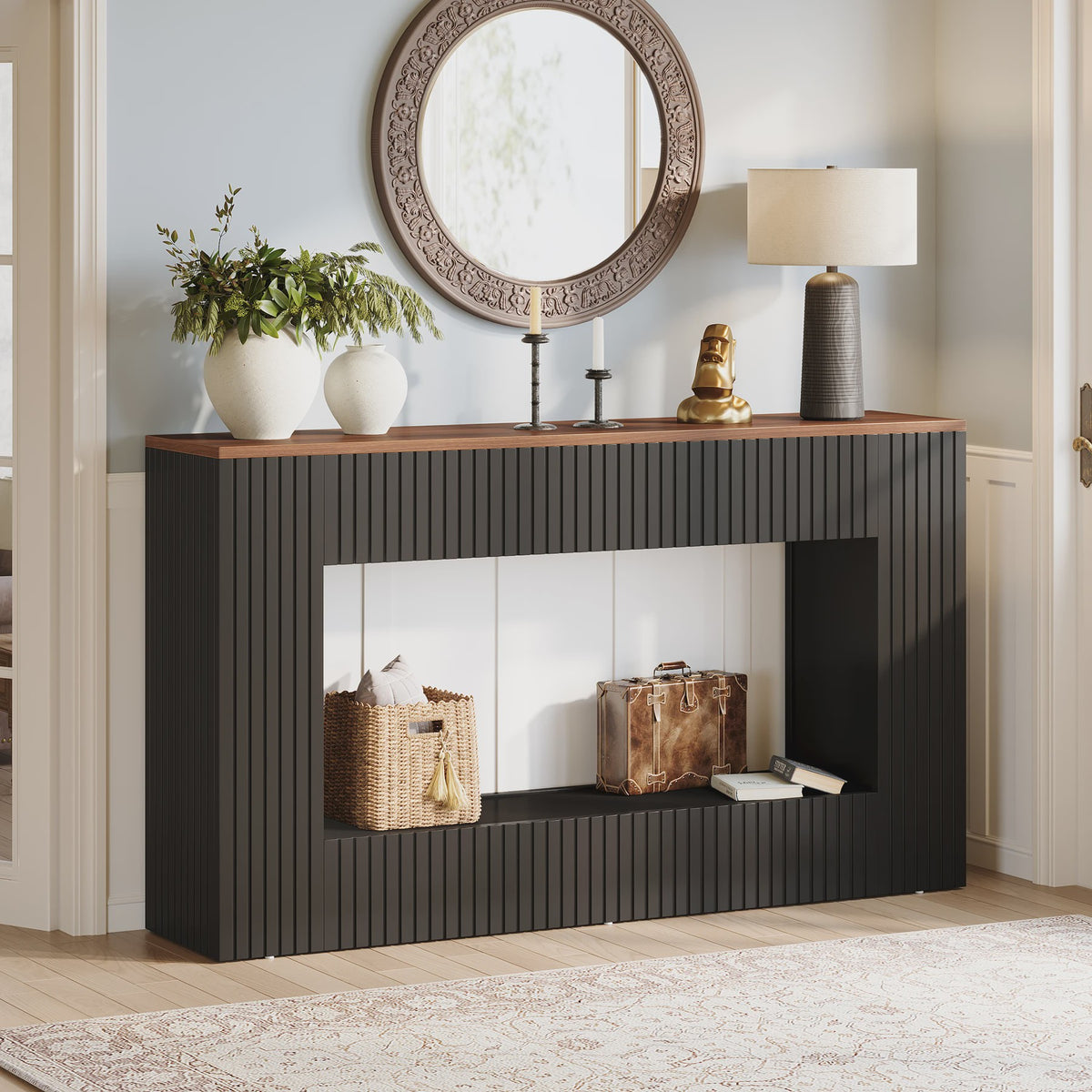 Moderne Console Tafel 140 cm Zwart met Houten Top - Stijlvolle Entree- en Banktafel