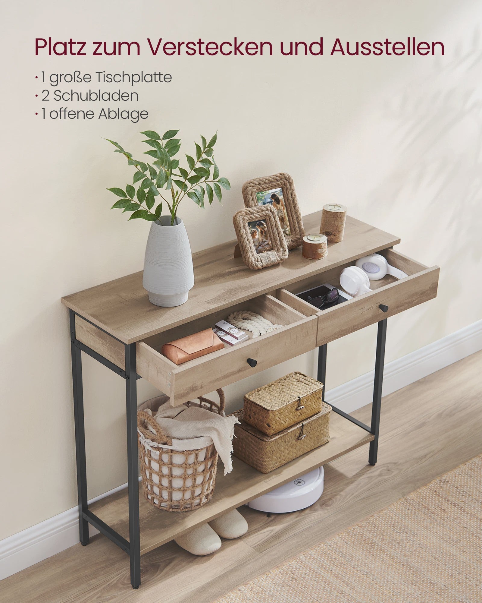 VASAGLE Console Tafel met 2 Lades en Open Plank - Stijlvolle Halmeubel