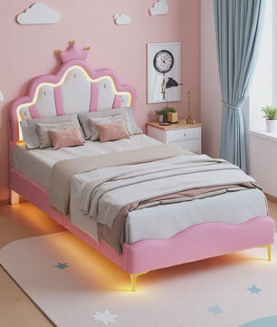 Betoverend Prinsessenbed 90x200cm met Kroon Hoofdbord, LED Verlichting en Lattenbodem