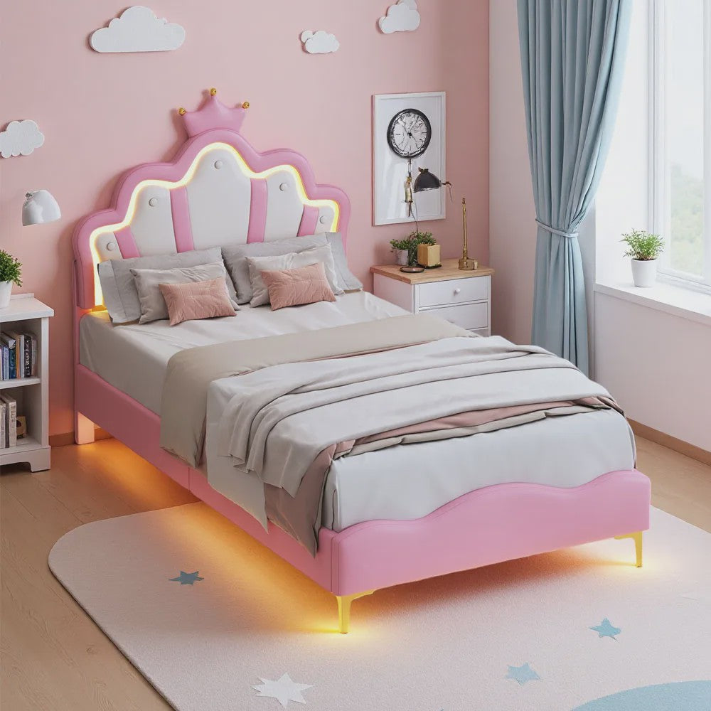 Betoverend Prinsessenbed 90x200cm met Kroon Hoofdbord, LED Verlichting en Lattenbodem
