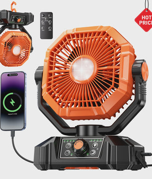 Draagbare 20000mAh Camping Ventilator met LED Lamp, Afstandsbediening & 8 Snelheden - Ideaal voor Buiten, Tent, Werkplaats