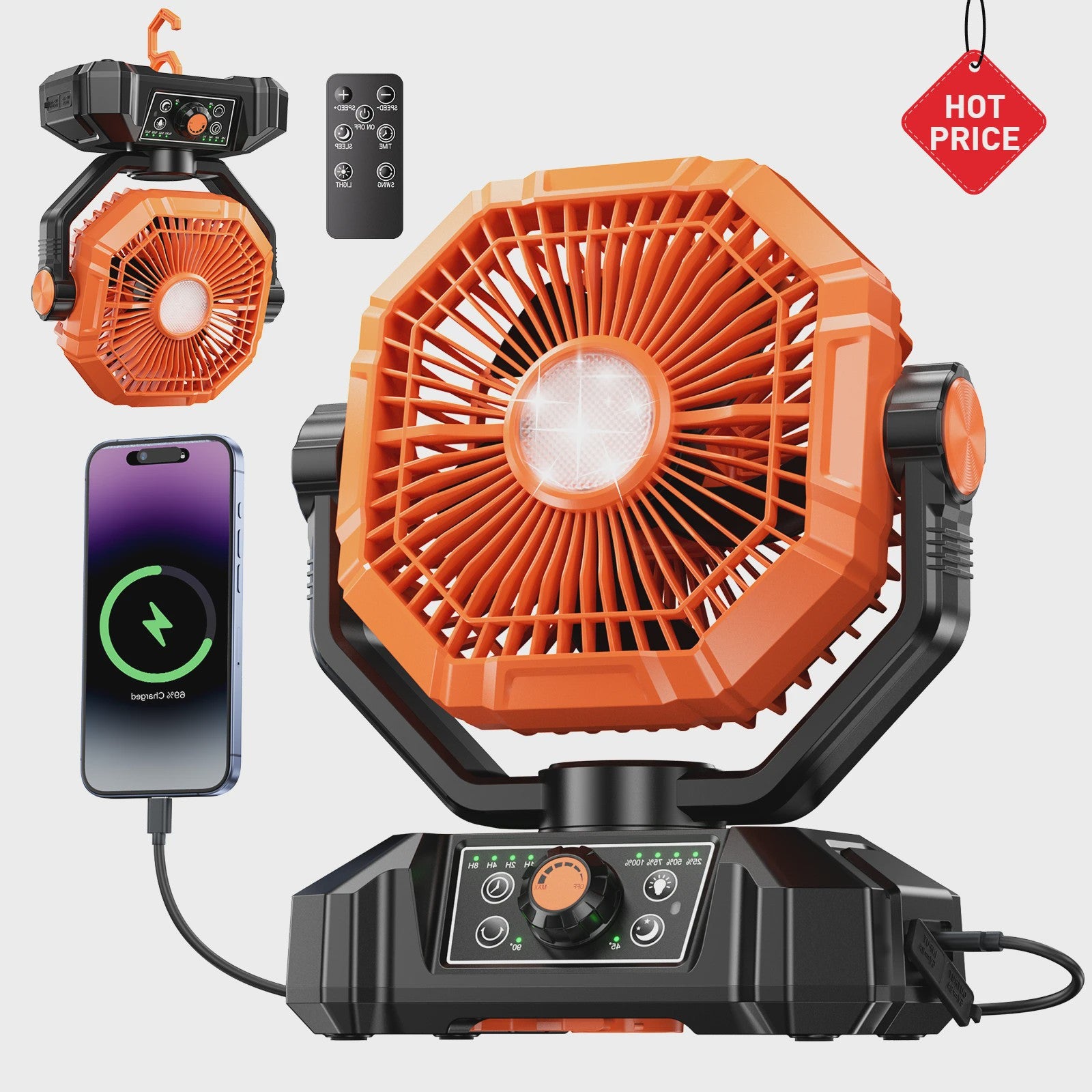 Draagbare 20000mAh Camping Ventilator met LED Lamp, Afstandsbediening & 8 Snelheden - Ideaal voor Buiten, Tent, Werkplaats