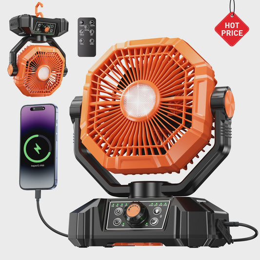 Draagbare 20000mAh Camping Ventilator met LED Lamp, Afstandsbediening & 8 Snelheden - Ideaal voor Buiten, Tent, Werkplaats