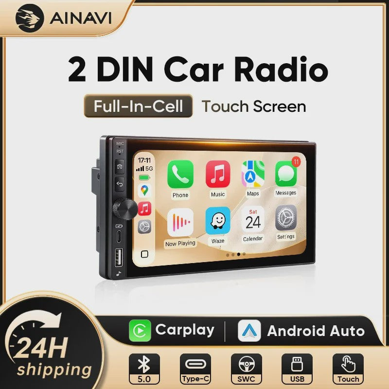 AINAVI K60 7-Inch Universele Autoradio met Draadloze CarPlay & Android Auto, Bluetooth, USB-C