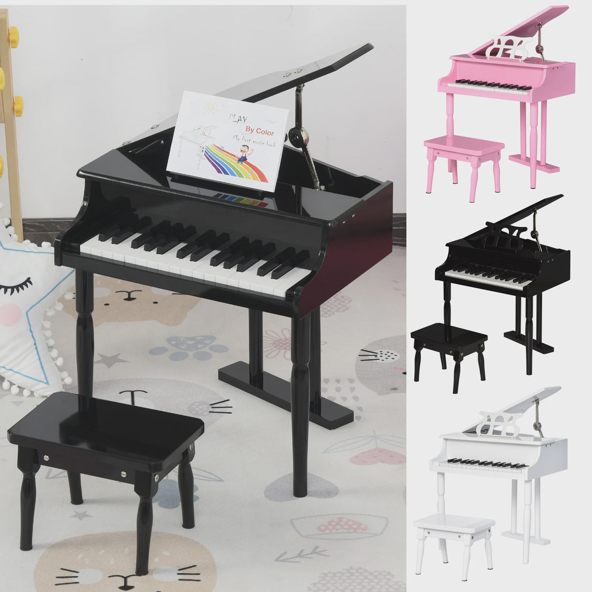 Homcom Grand Piano with Stand Stool Wooden Musical Toy 52X50X49 cm