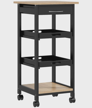 HOMCOM Keuken Trolley met Wielen, 2 Verwijderbare Dienbladen en Lade - Licht Eiken & Zwart
