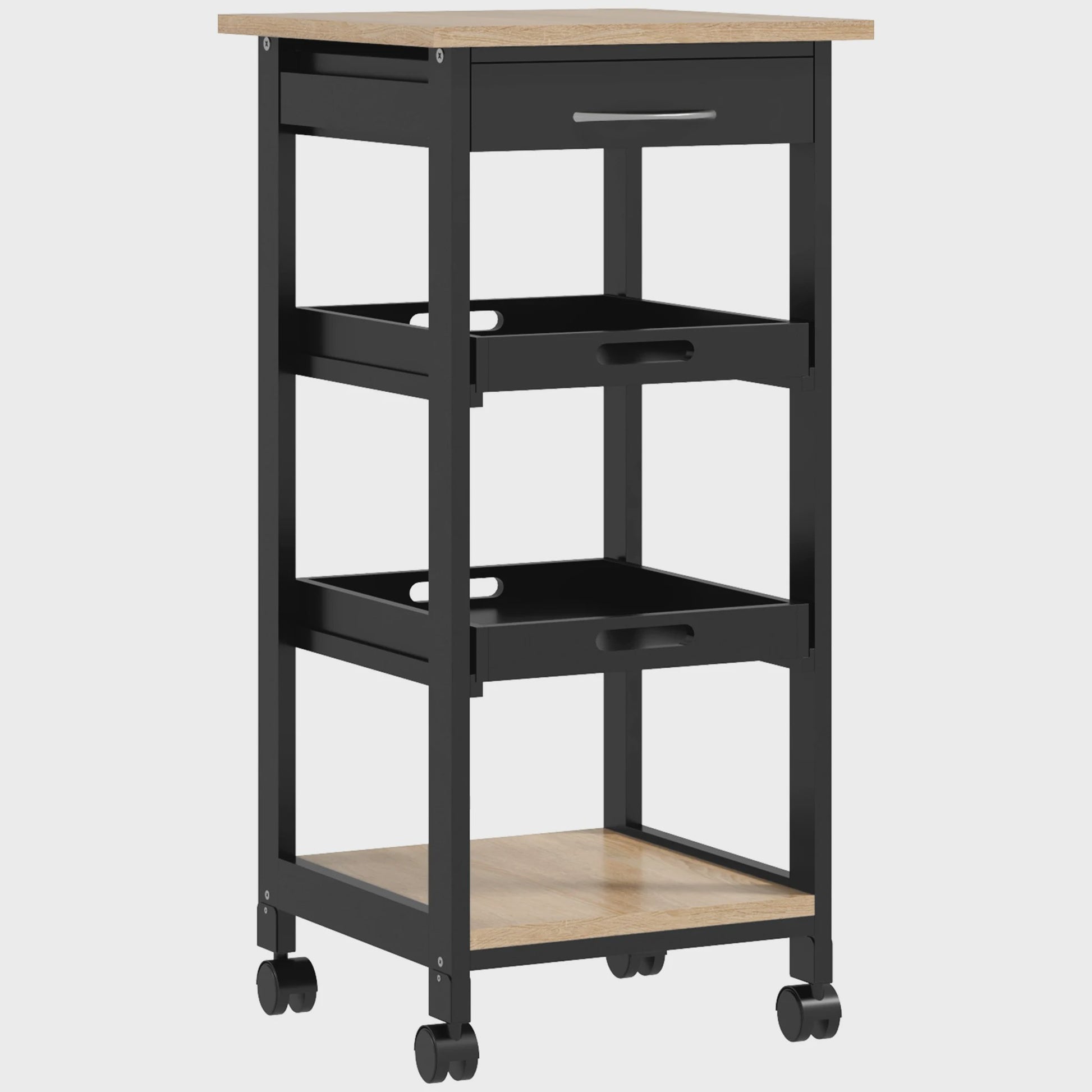 HOMCOM Keuken Trolley met Wielen, 2 Verwijderbare Dienbladen en Lade - Licht Eiken & Zwart