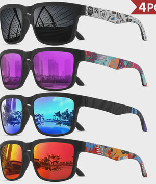 4-delige Set Vierkante Sportzonnebrillen met Designer Tempelpatroon - UV400 Bescherming