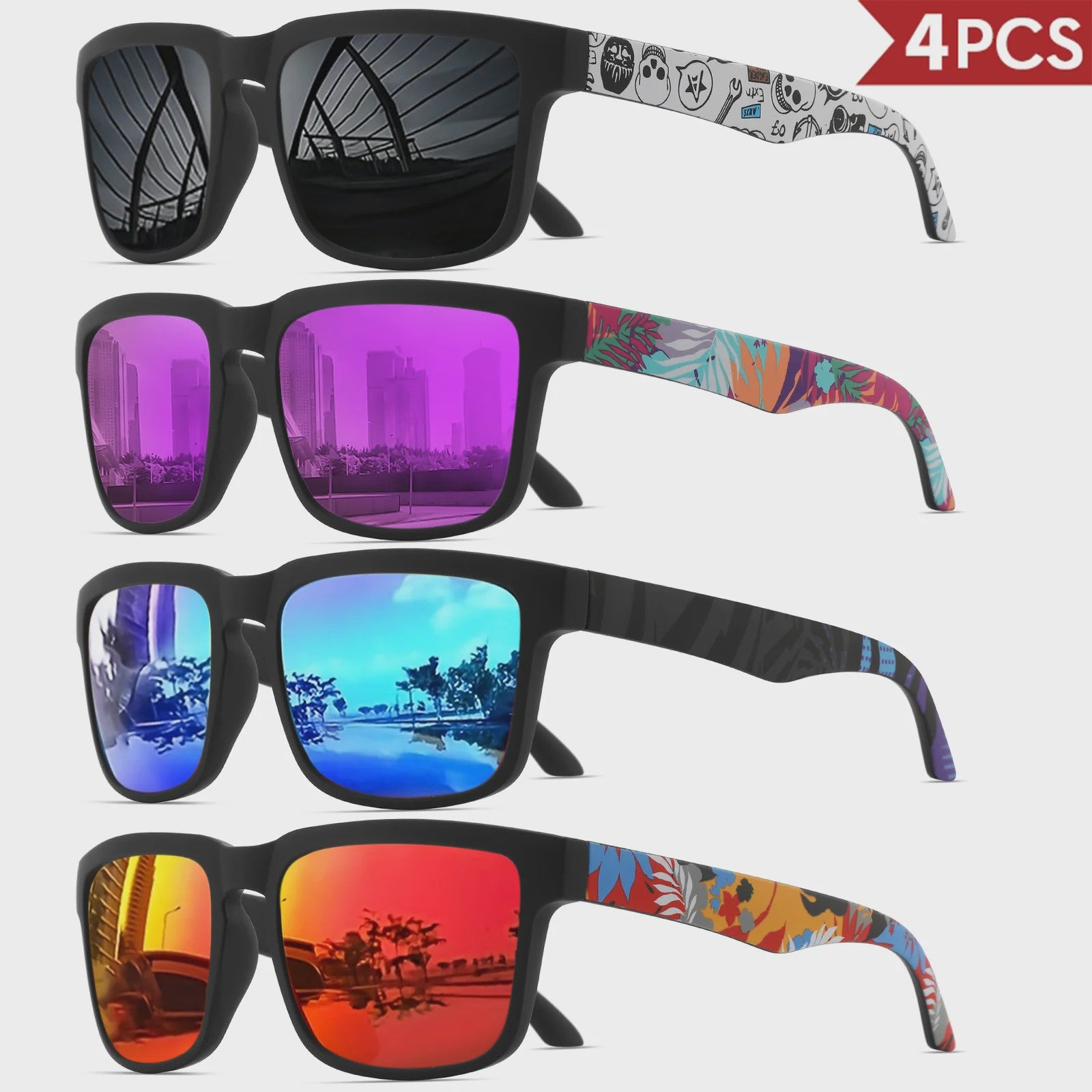 4-delige Set Vierkante Sportzonnebrillen met Designer Tempelpatroon - UV400 Bescherming