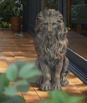 Zittende Leeuw Beeld - 20 Inch - Antiek Brons Finish - Handgeschilderd Hars - Tuin & Huis Decoratie