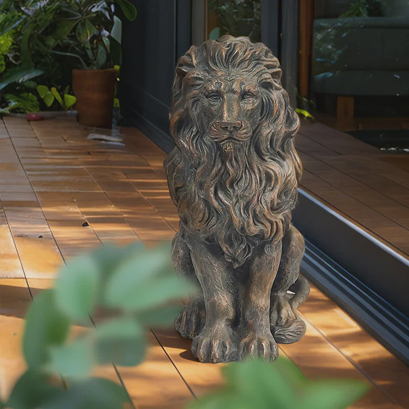 Zittende Leeuw Beeld - 20 Inch - Antiek Brons Finish - Handgeschilderd Hars - Tuin & Huis Decoratie