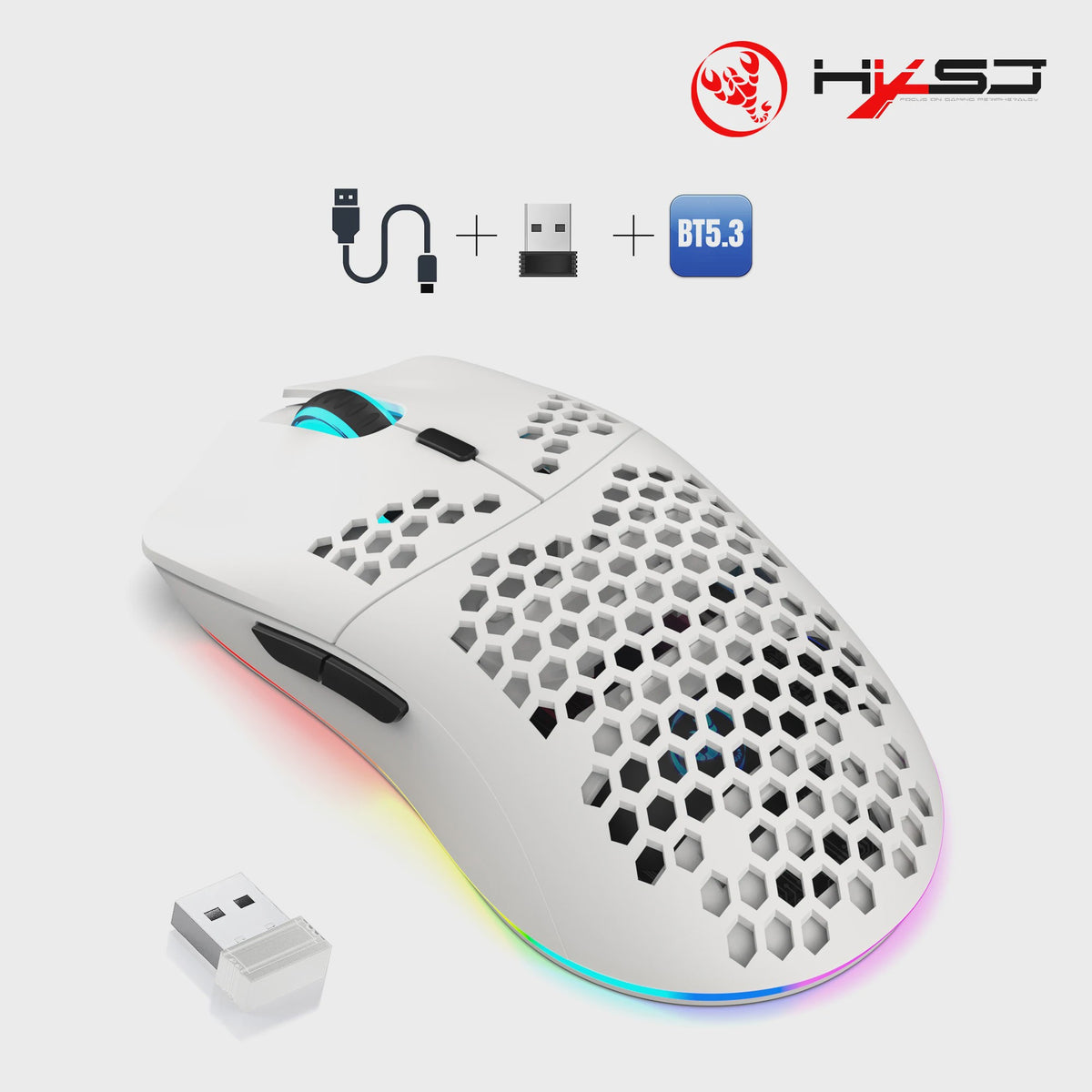 HXSJ T66 Gaming Muis: Draadloos, RGB, 10000DPI, 3 Modi (USB, 2.4G, BT 5.3), Macro Programmeerbaar